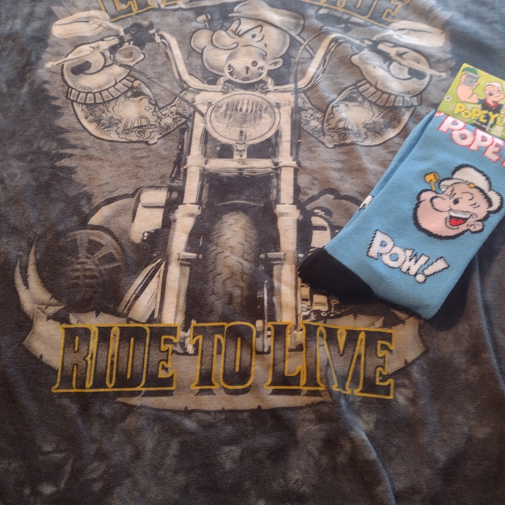 Popeye,Live To Ride,Ride To Live, Men's Lg T-shirt w NEW Socks & Thank You Gift